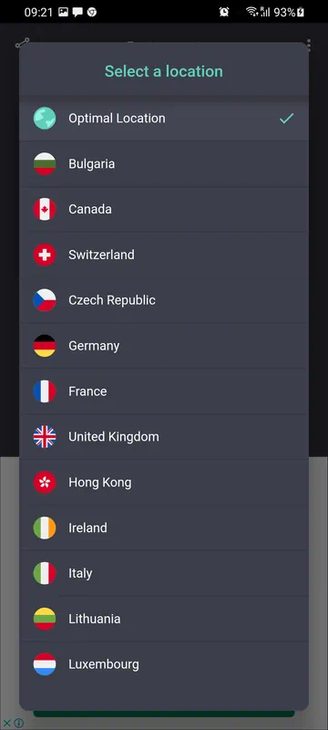 Выбор сервера в PrivateVPN для Android