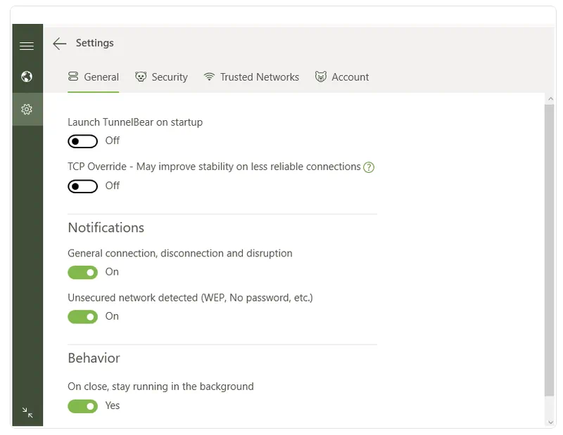 Настройки TunnelBear VPN