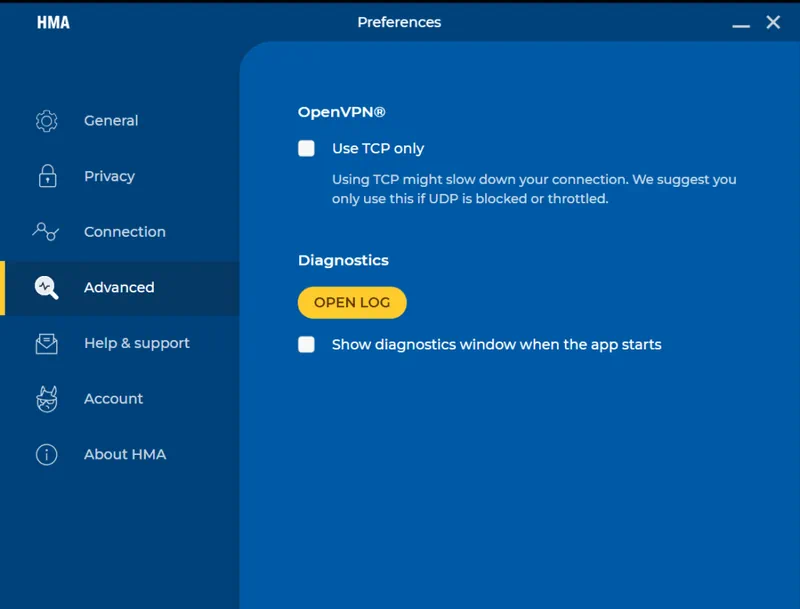 Настройки HMA VPN