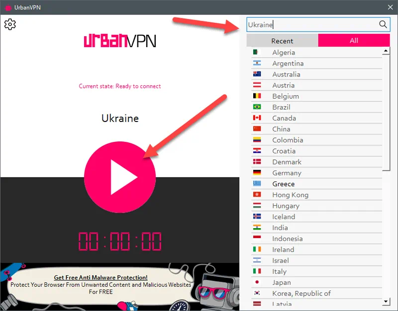 Работа с Urban Free VPN proxy Unblocker