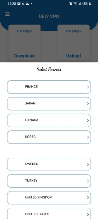 Выбор сервера в Dew VPN